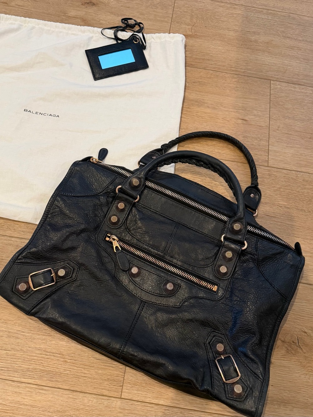 Balenciaga Black Leather Work Giant Hardware Rose Gold